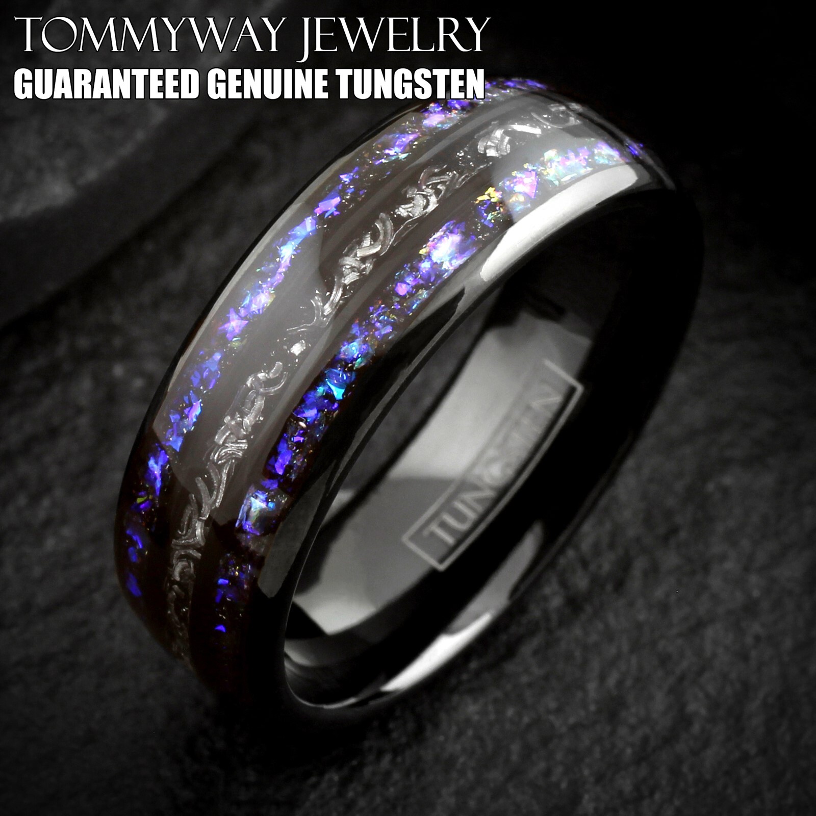 Black Tungsten Carbide Ring Blue Sandstone & Meteorite Space Galaxy Wedding Band