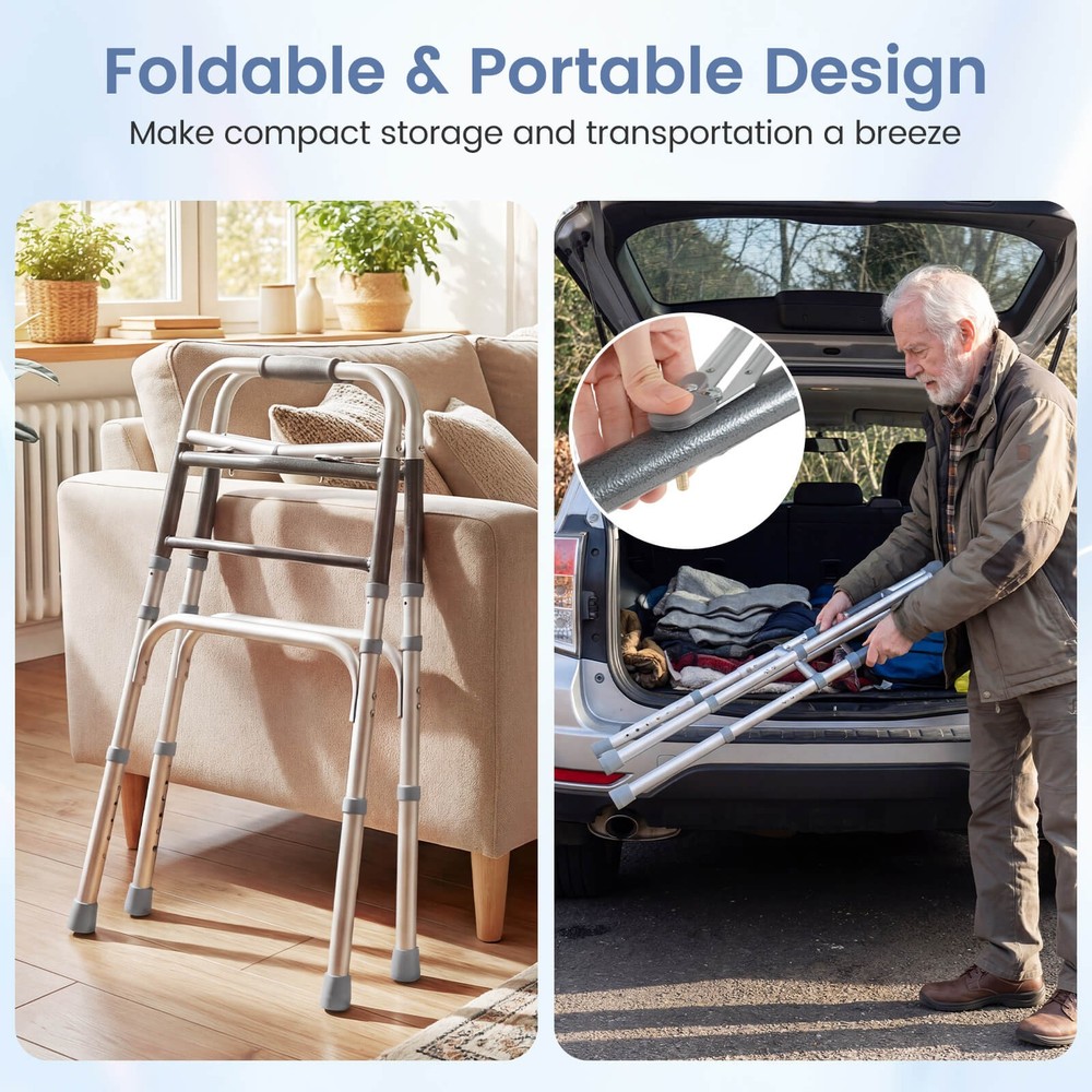 2-Button Folding Walker, 7-Level Adjustable Height, Lightweight Aluminum