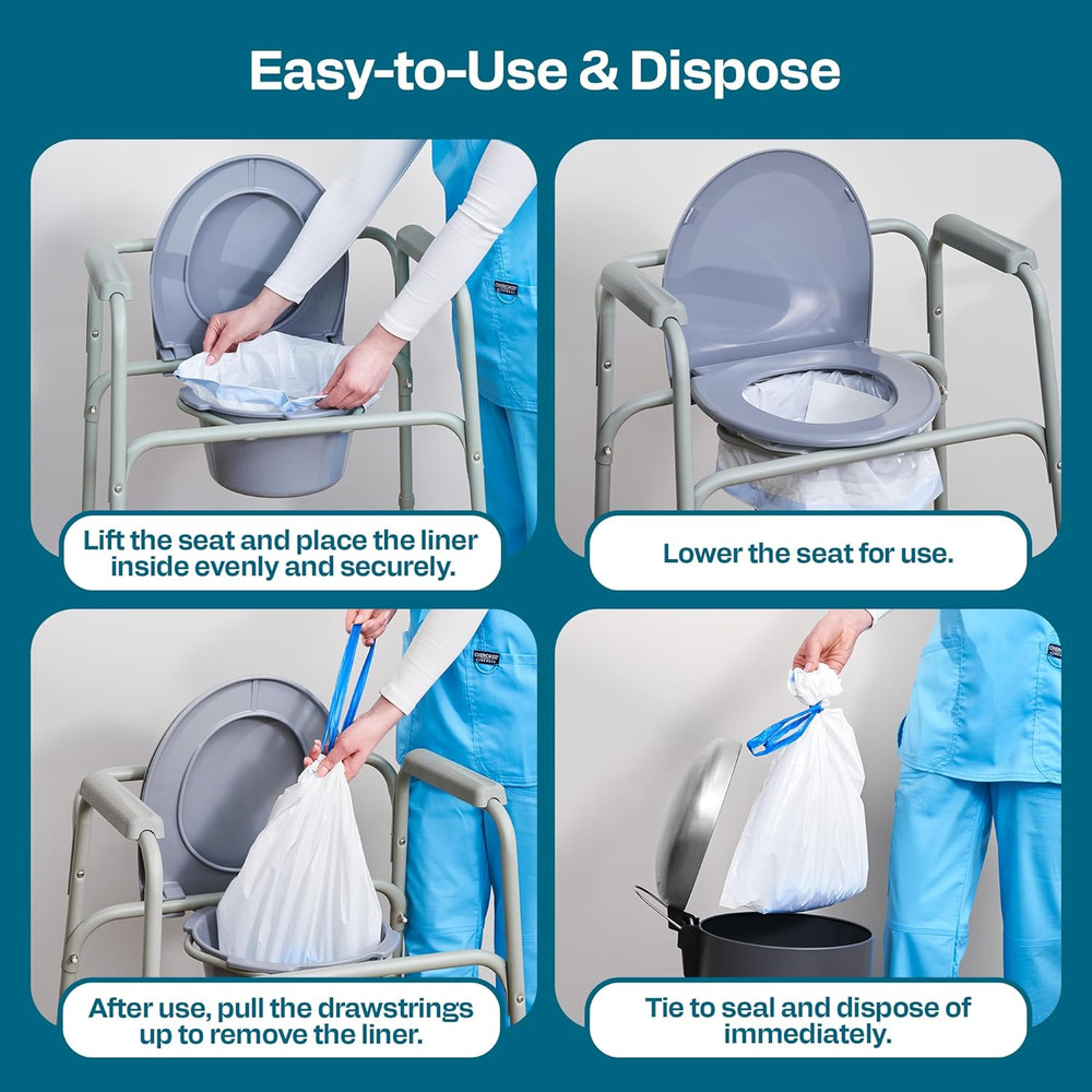 100 PACK - Commode Liners with Absorbent Pads - Adults Commode Bag Compatible wi