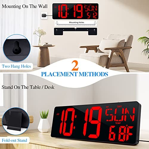 Large Digital Wall Clock with Remote Control 17.2" LED Large Display 17.2in Red