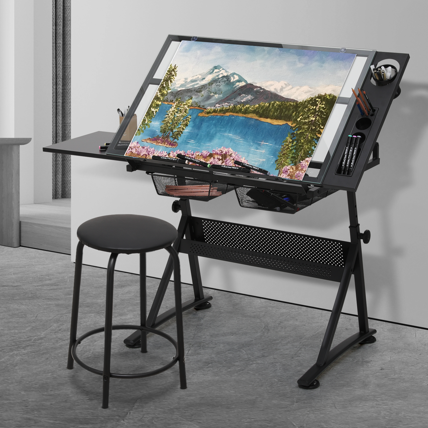 Drafting Table Adjustable Tempered Glass Art Craft Drawing Work Station w/Stool
