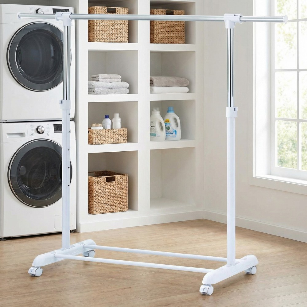 Mainstays Chrome & White Adjustable Rolling Metal Clothes Rack for Laundry
