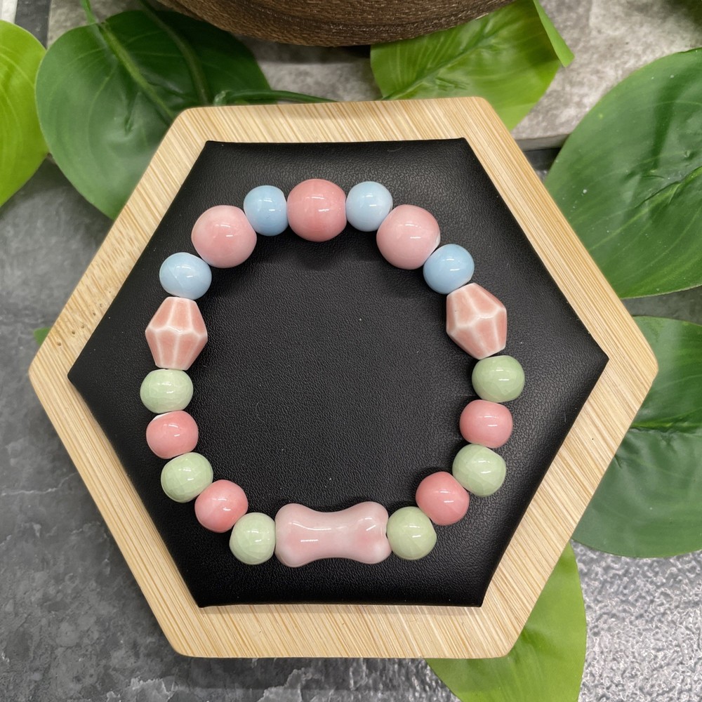 Handmade Ceramic Bead Beaded Stackable 6” Plus Stretch Bracelet New B21