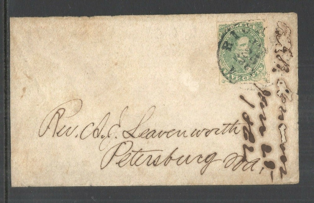 CSA SCOTT 1 ON COVER - 1861 5c GREEN GREEN   RICHMOND to PETERSBURG VA  CV $300
