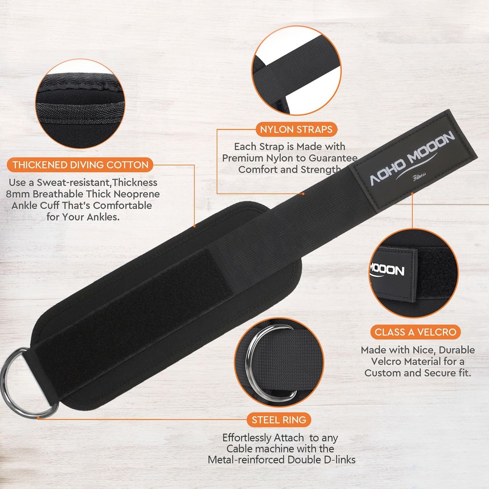 AOHO MOOON Pair Comfortable Adjustable Ankle Straps for Cable Pair, Black