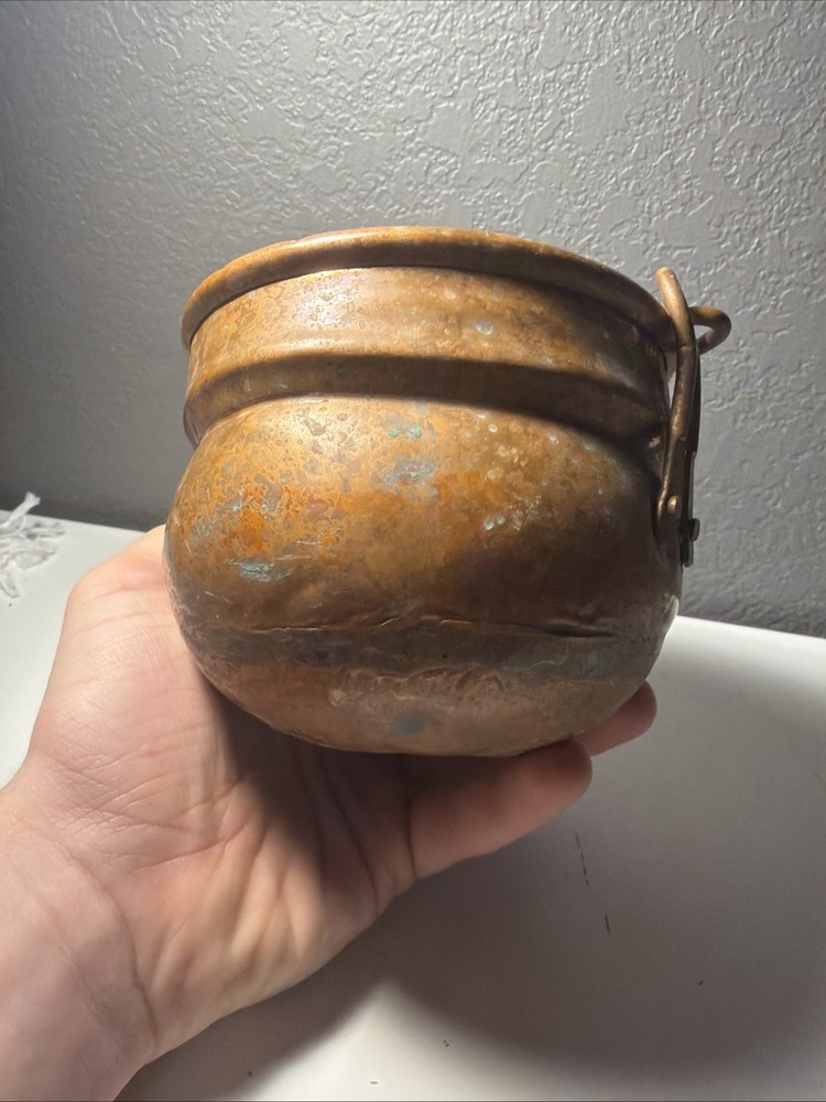 Vintage Solid Copper Cauldron Pot with Swing Handle Rustic Farmhouse Decor