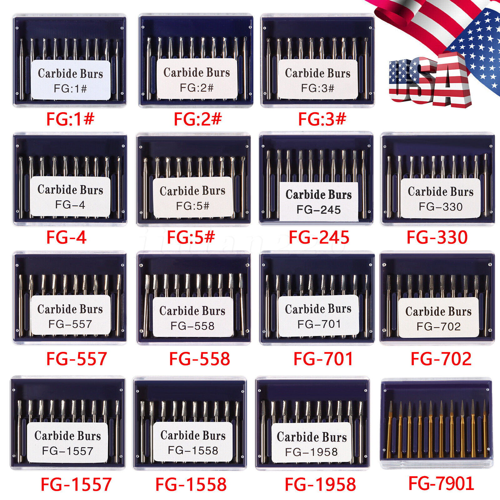 10-100Pcs Dental Carbide Burs for High Speed Handpiece Round Cone Bur Diamond FG