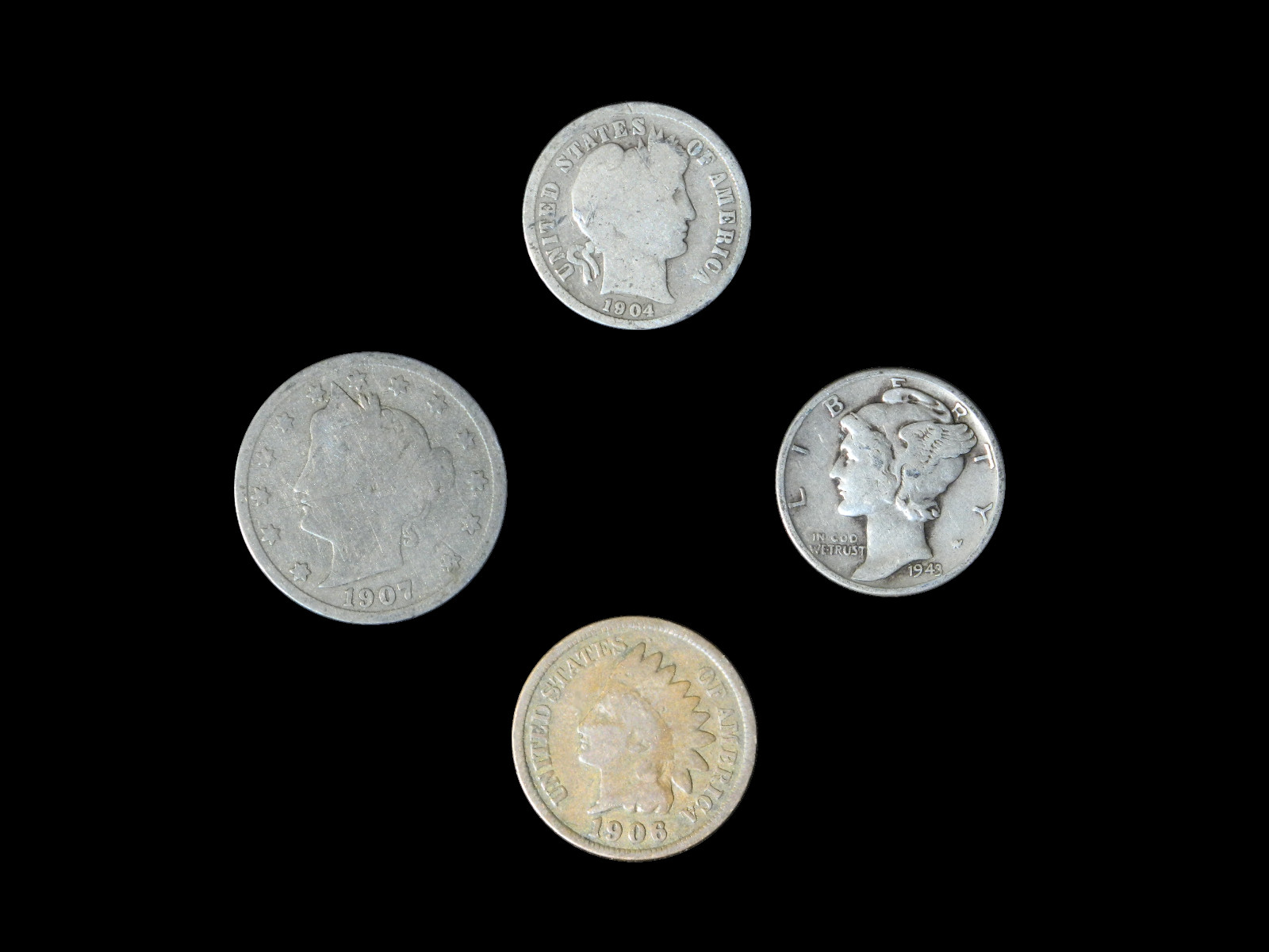 4 Coin US Estate Lot Set Barber Dime Indian Head Liberty V & Mercury