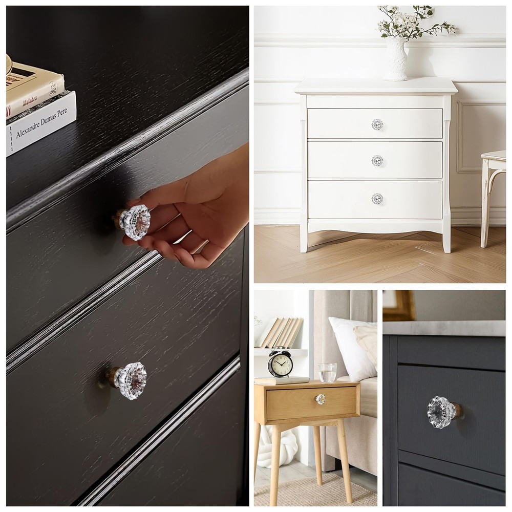 4 Pack Crystal Glass Cabinet Knobs, Vintage Antique Brass Drawer Knobs Aged B...