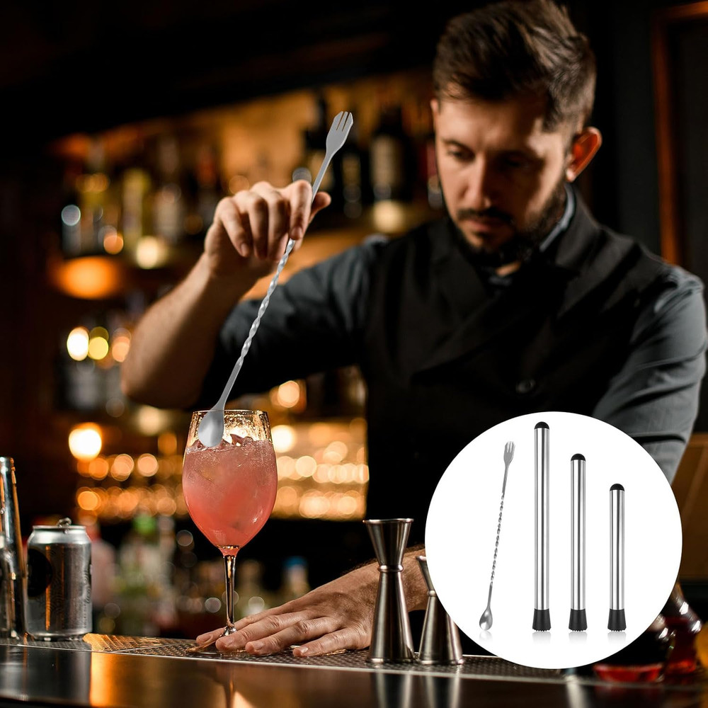Cocktail Muddler Set 4 Pack – Stainless Steel Bar Tool w/ Spoon