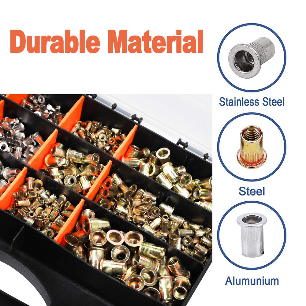 1450PCs Metric Rivets Kit Rivnut Tool Flat Head Threaded Insert Nut Knurled Body