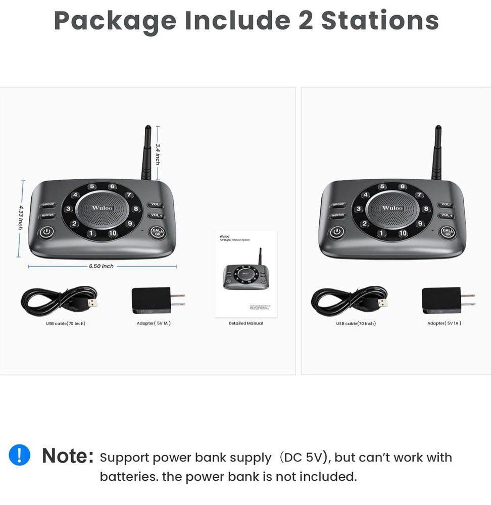 Wuloo S600-P2 Black Gray Wireless Full Duplex Intercom System 2 Pack