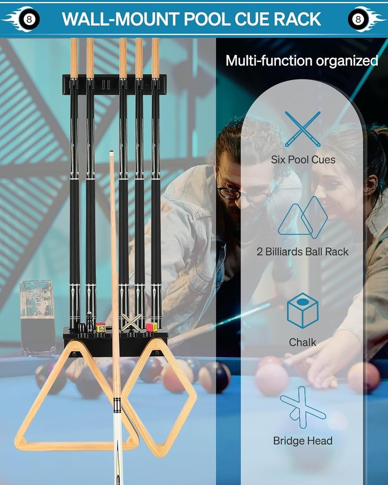 Pool Cue Rack Stick Holder - Wall Mount Billiards Pool Cue Rack Oak Solid Har...