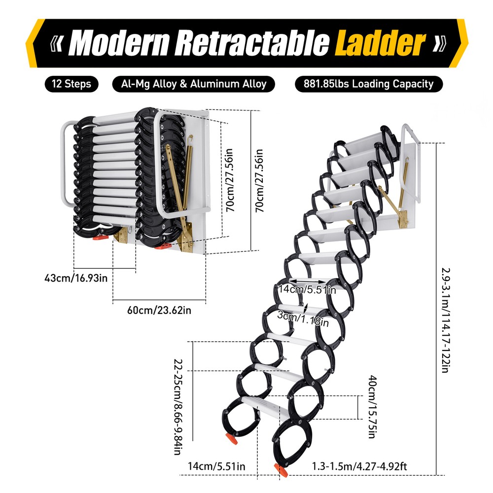 9.4ft Attic Loft Pull Down Ladder 12Step Wall Mounted Folding Loft Ladder Stairs