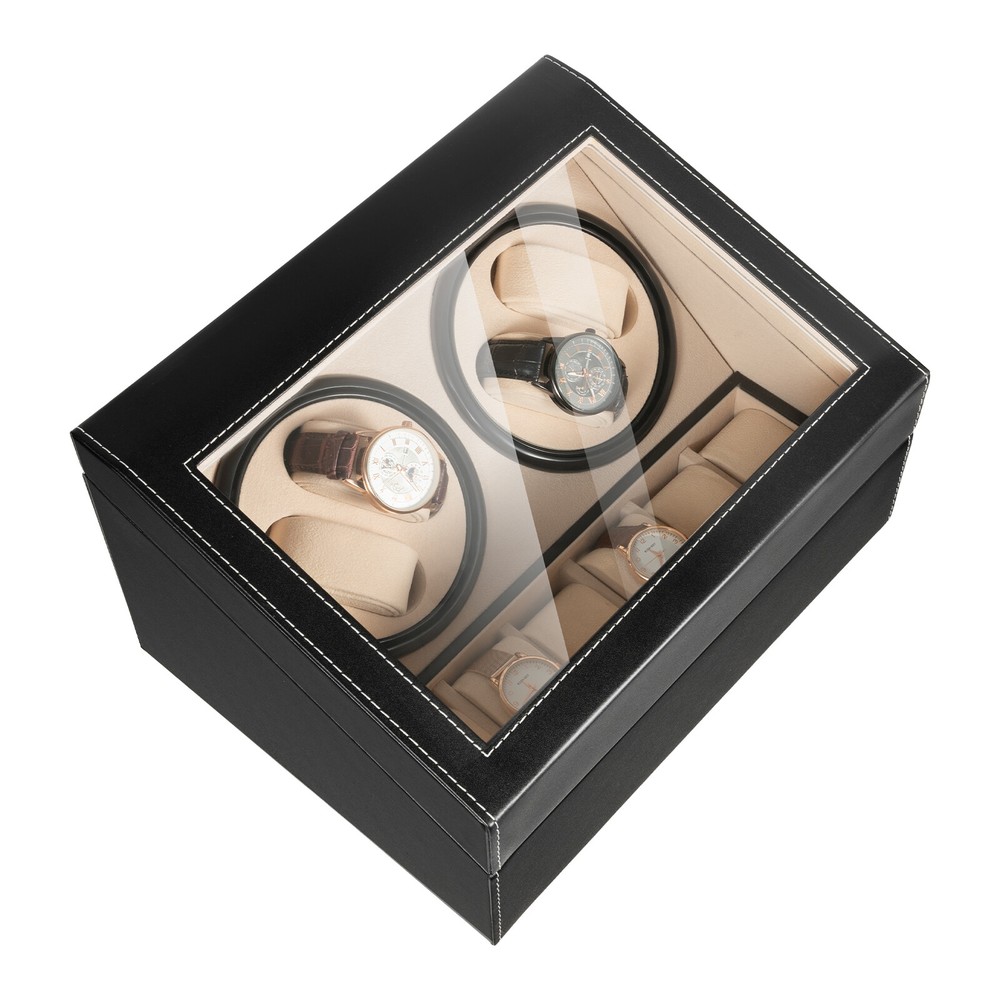 Luxurious 4+6 Automatic Rotation Leather Watch Winder Storage Display Box Black