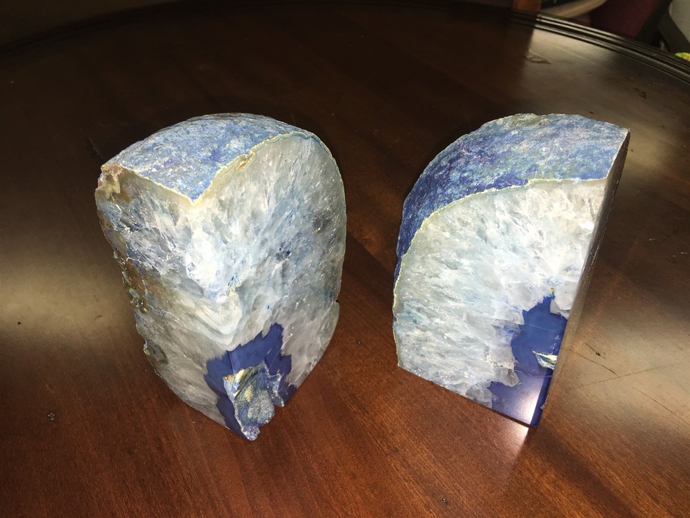 Pair Large Blue Polished Agate Geode Book Ends Made in Brazil