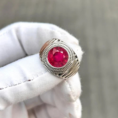 925 Silver Men Round Ruby Statement Ring Bohemian Style Jewelry