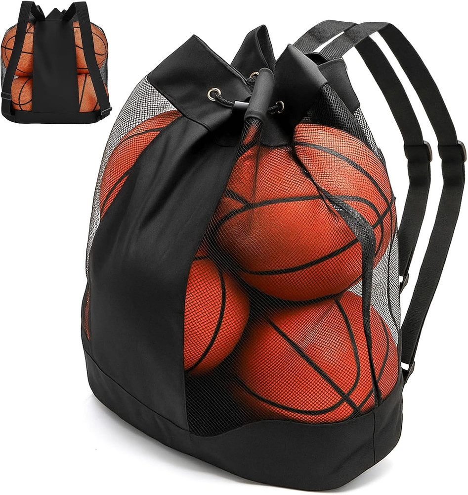 Large Ball Bag, Mesh Sport Bag with Adjustable Double Strap, Drawstring, Heavy-D