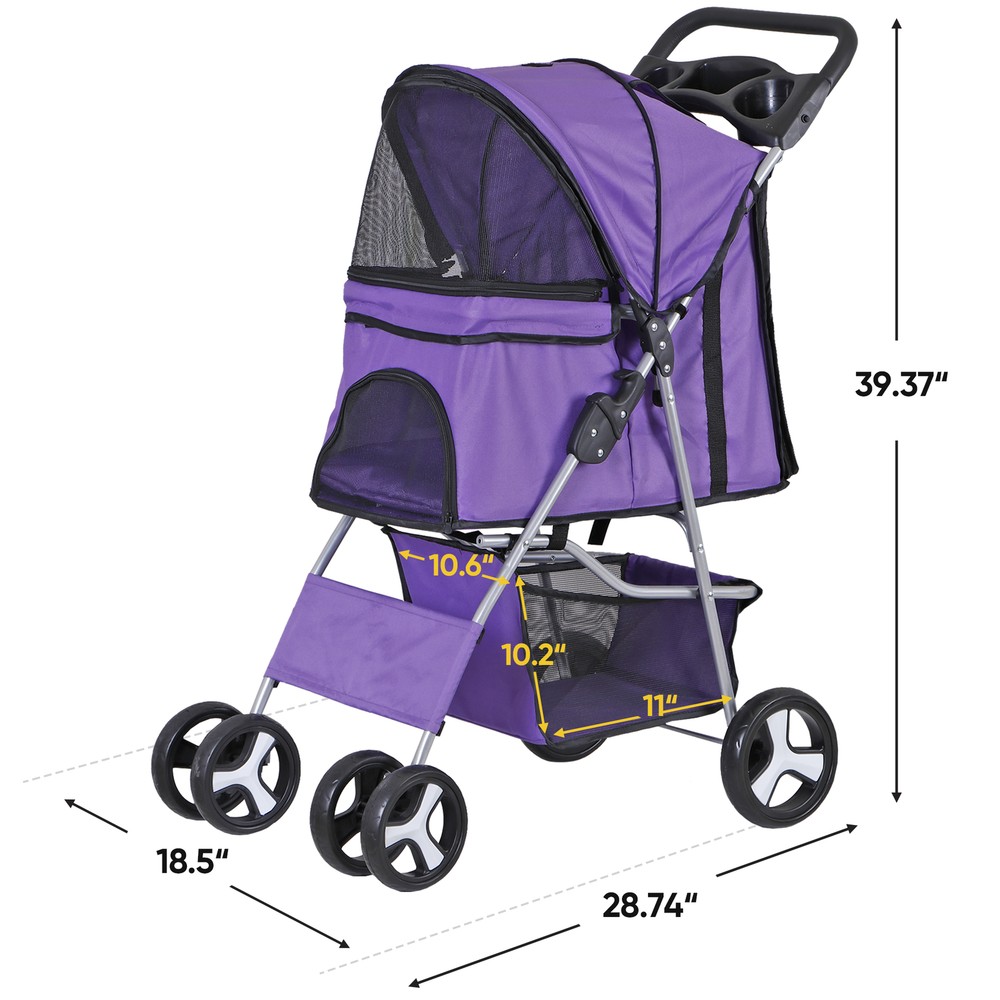 Purple Metal Frame Pet Stroller with Enhanced Ventilation and Smooth Operation