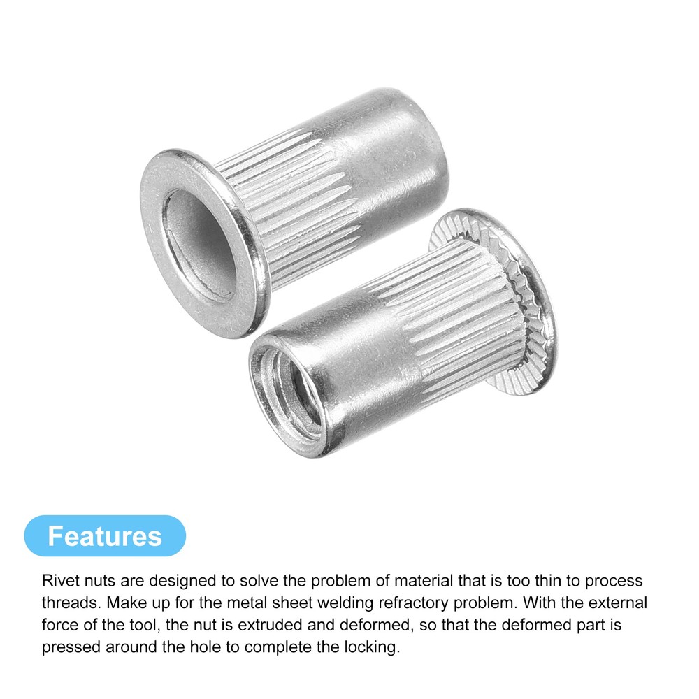 #10-32 Rivet Nuts, 100pcs 304 Stainless Steel Flat Head Threaded Insert Nuts