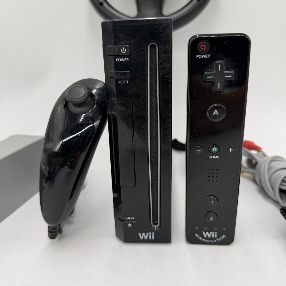 Nintendo Wii Black RVL-001 Bundle Tested Remote Wheel Pro Controller Gamecube