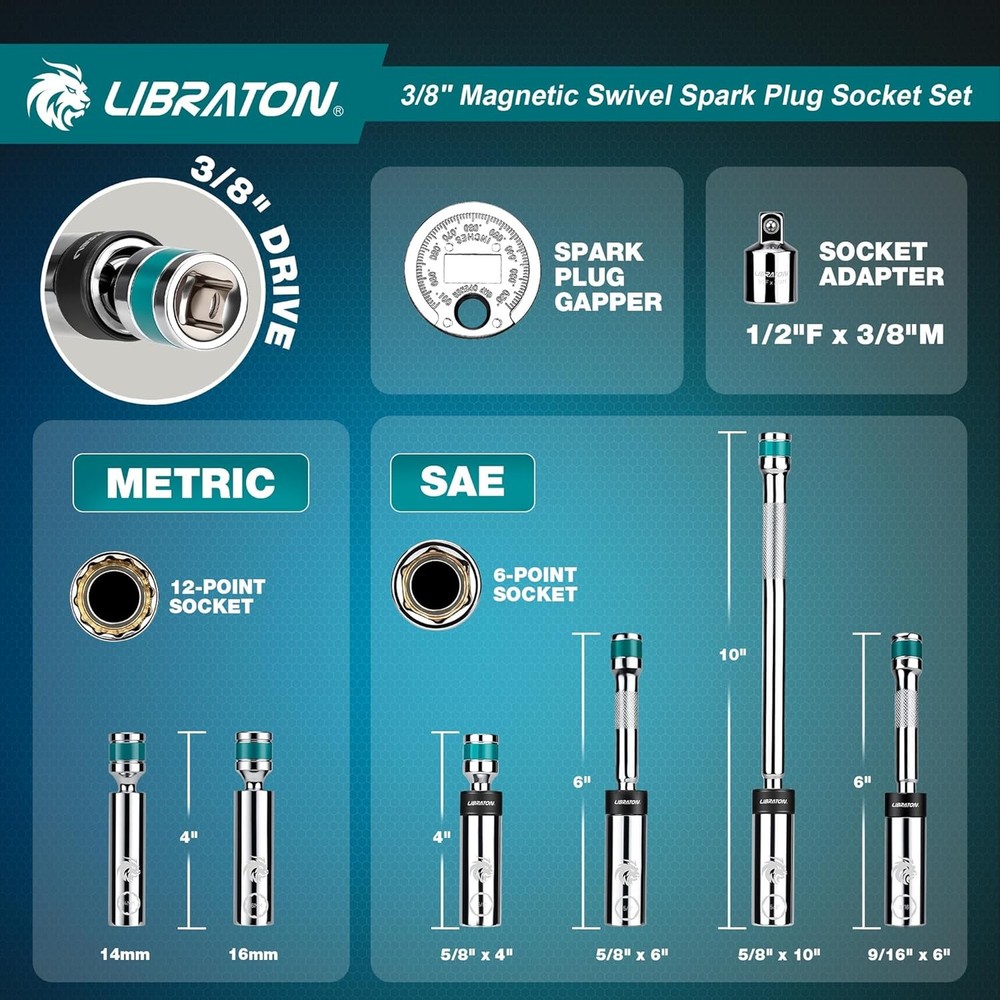 8PCS 3/8"Dr. Magnetic Spark Plug Socket Set, Include Gapper & Extension Bar, Swi