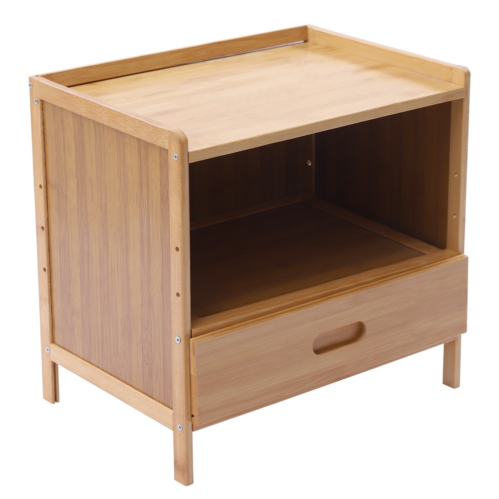 Bedroom Storage Organizer Side Table Bamboo Bedside Nightstand End Table+Drawer