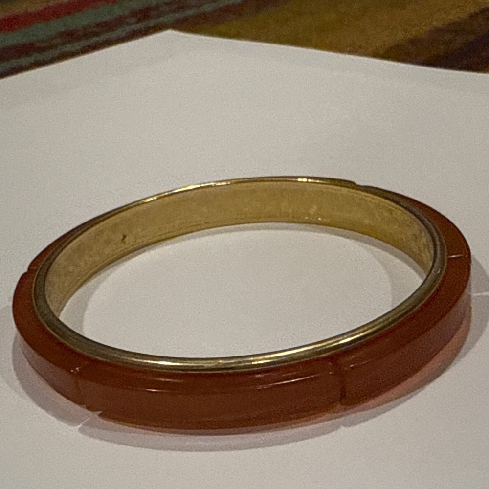 Vintage Gold Tone With Orange Bakelite Inserts Bangle Bracelet