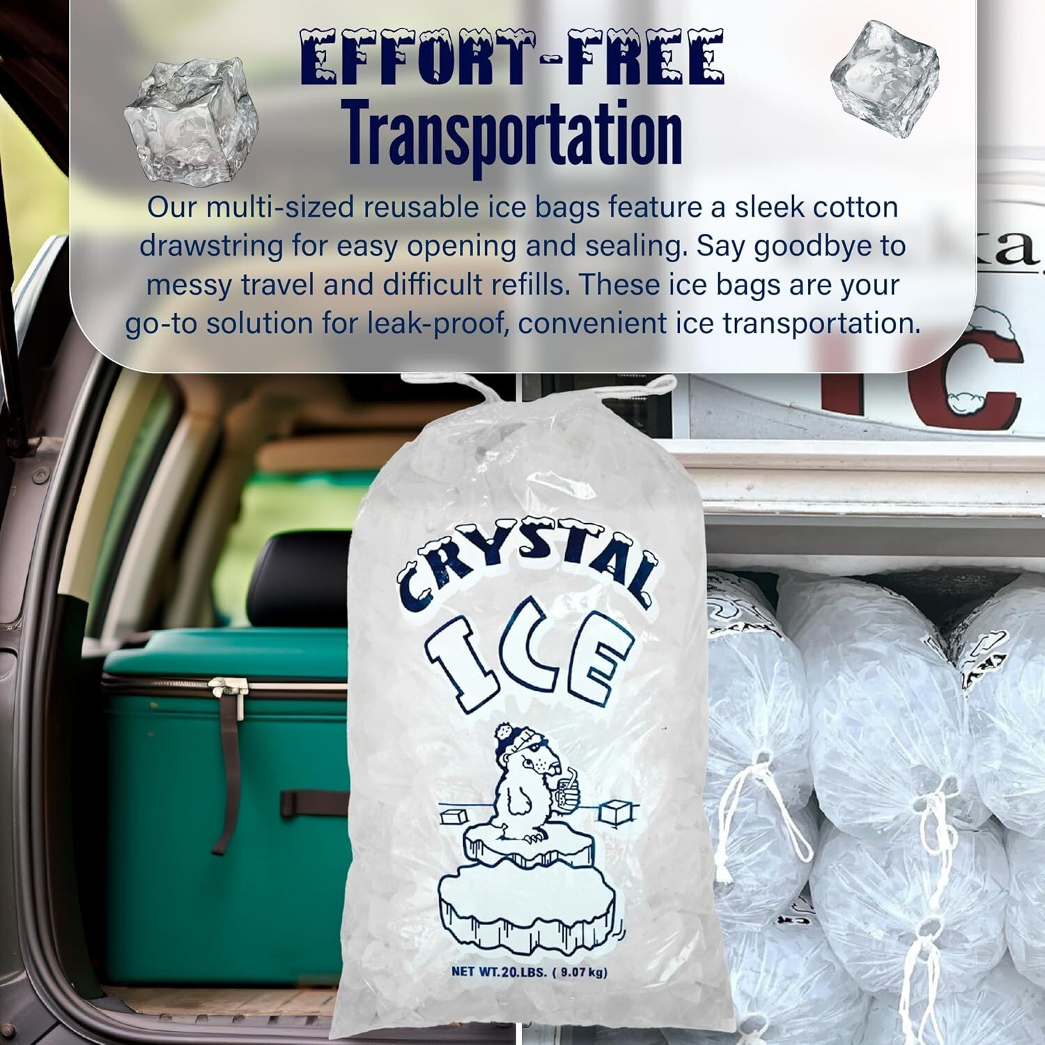 Ice Bags w/ Drawstring 8-20lb (250-500ct) Durable Leak-Proof Freezer Storage Bag