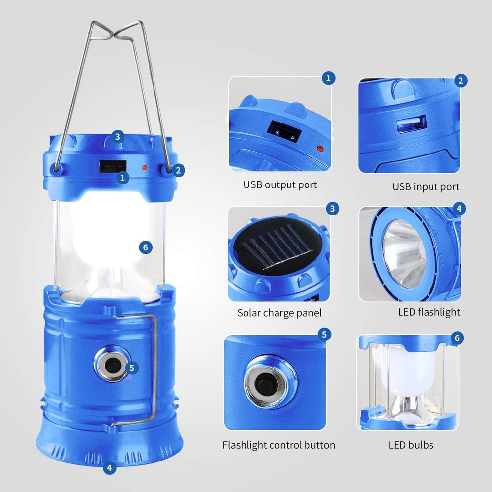 Solar Rechargeable LED Camping Lantern Flashlight with Collapsible Design
