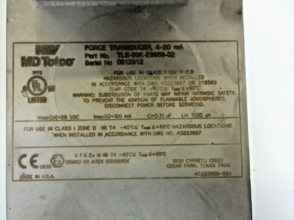 MD TOTCO FORCE TRANSDUCER 4-20 mA TLE-50K-E8958-02