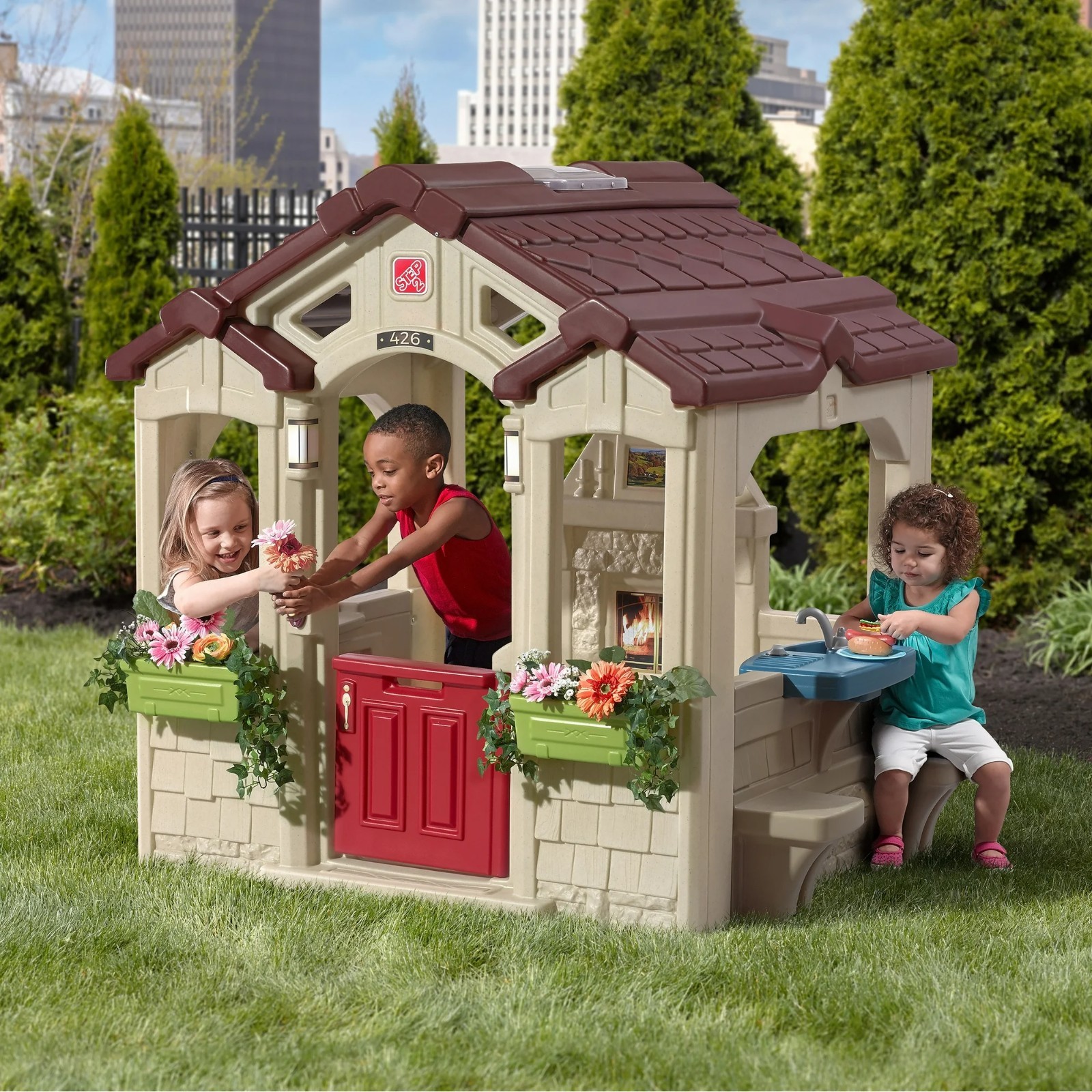 Step2 Kids Charming Cottage  Backyard Playhouse Indoor/Outdoor W/ Fireplace NEW