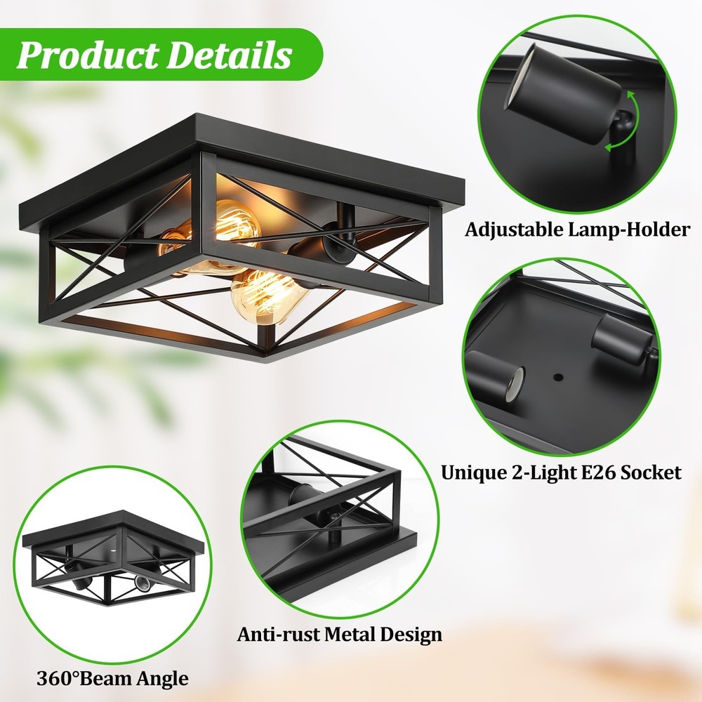 2-Light Industrial Square Flush Mount Ceiling Light, Farmhouse Ceiling Light ...