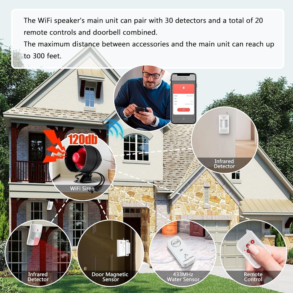 WiFi Alarm System for Home Security, 120dB Wireless Alarm Security System wit...