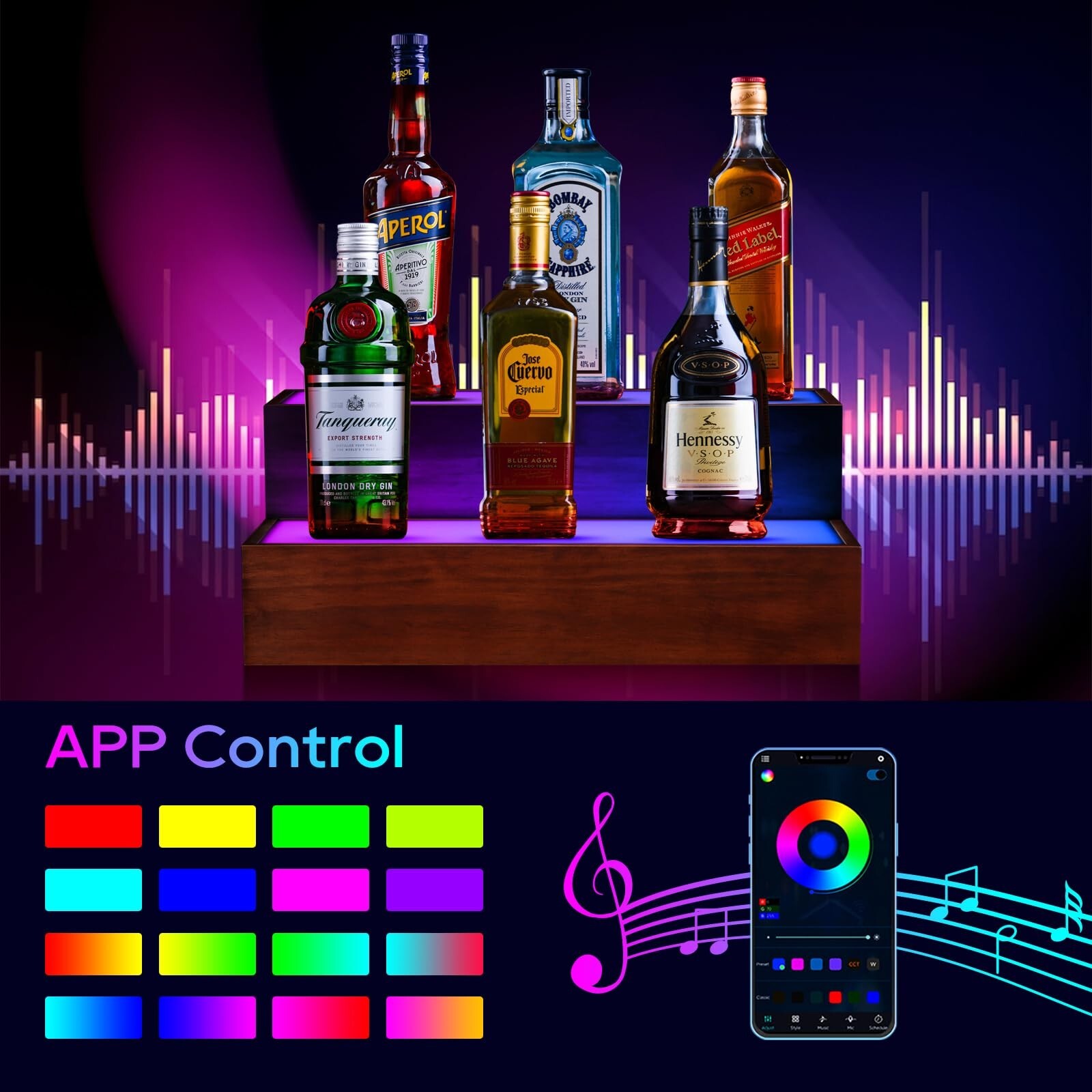 B4Life LED Lighted Liquor Bottle Display Shelf, 2 Tier 16 Inch LED Bar Shelve...