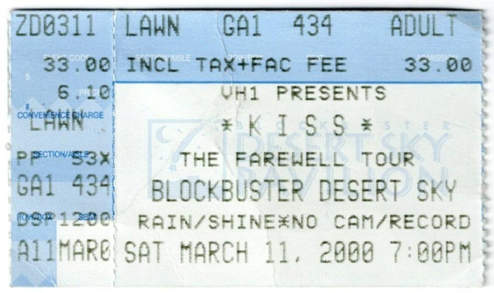 2000 KISS Farewell Tour concert ticket stub Desert Sky Pavilion PHX Paul Stanley