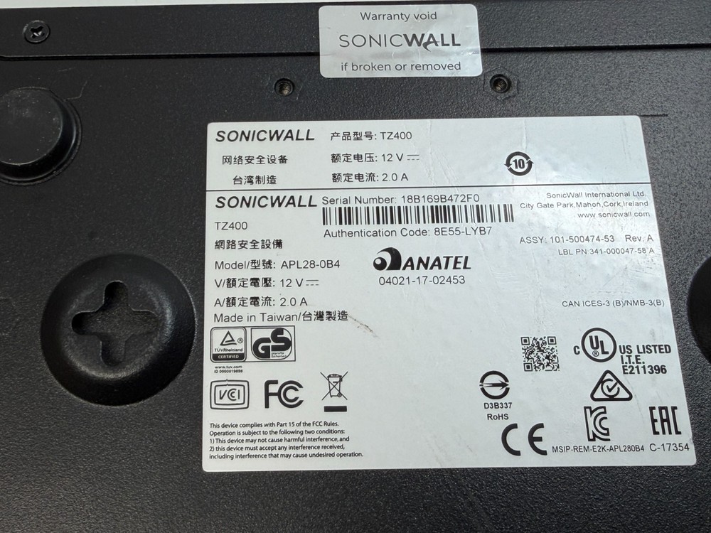 SonicWall TZ400 Firewall Security Appliance w/Power Adapter