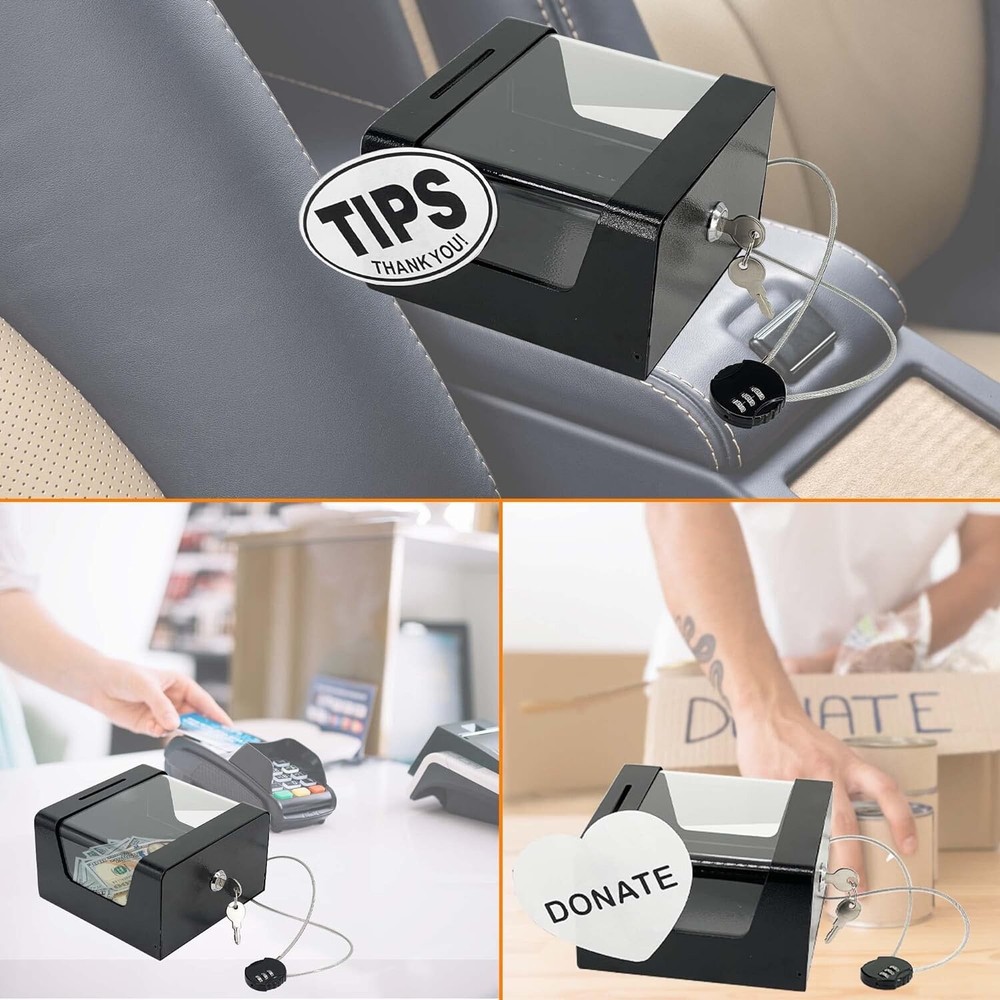 Steel Locking Tip Box - Heavy Duty Secure Tip Jar with Combination Cable Lock