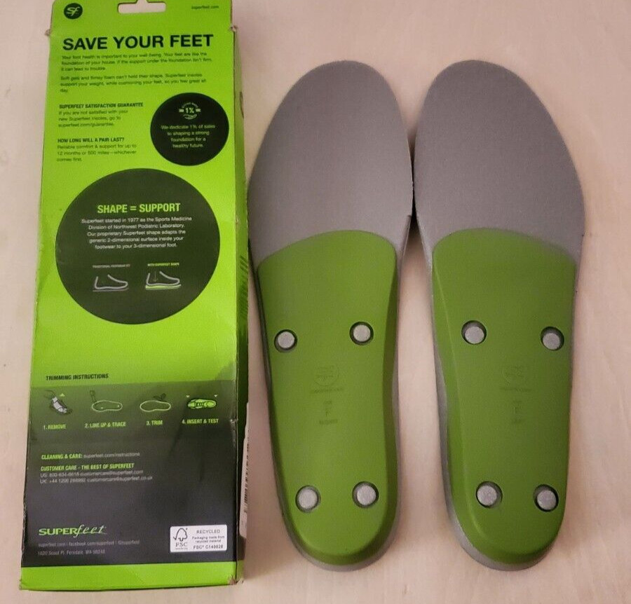 Superfeet Green Insoles Orthotic Arch Support Size F Men's 11-13 Womens 12.5+ US