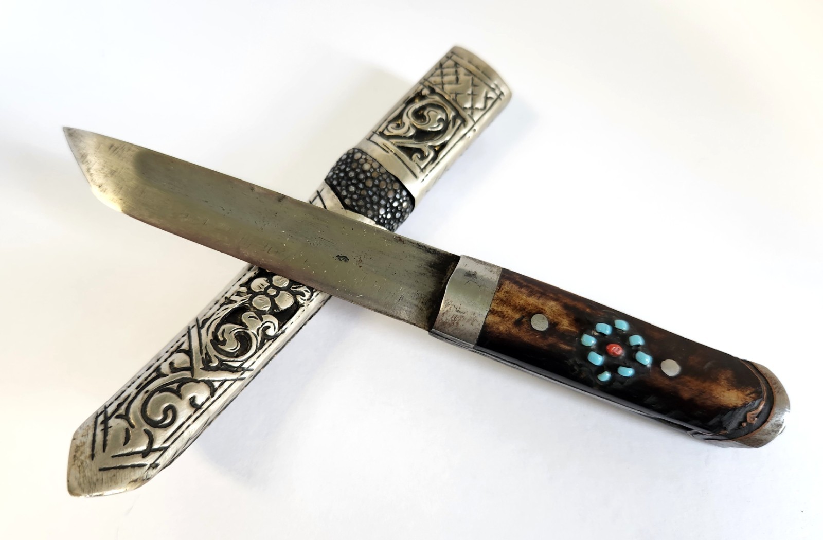 Antique Tibetan Himalayan Turquoise Knife & Sheath Tribal Nomad 6.5" Sheathed