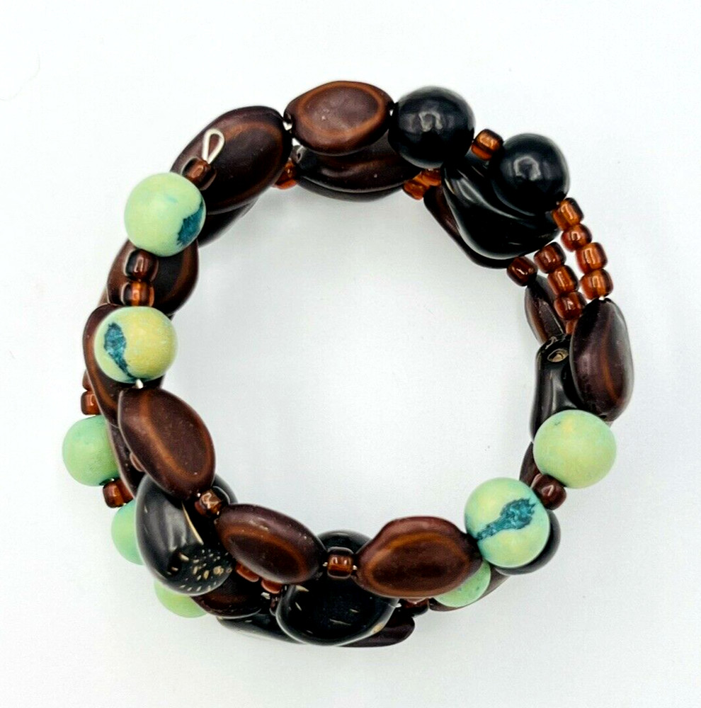 Artisan Nut Beads Memory Wire Wrap BOHO Bracelet