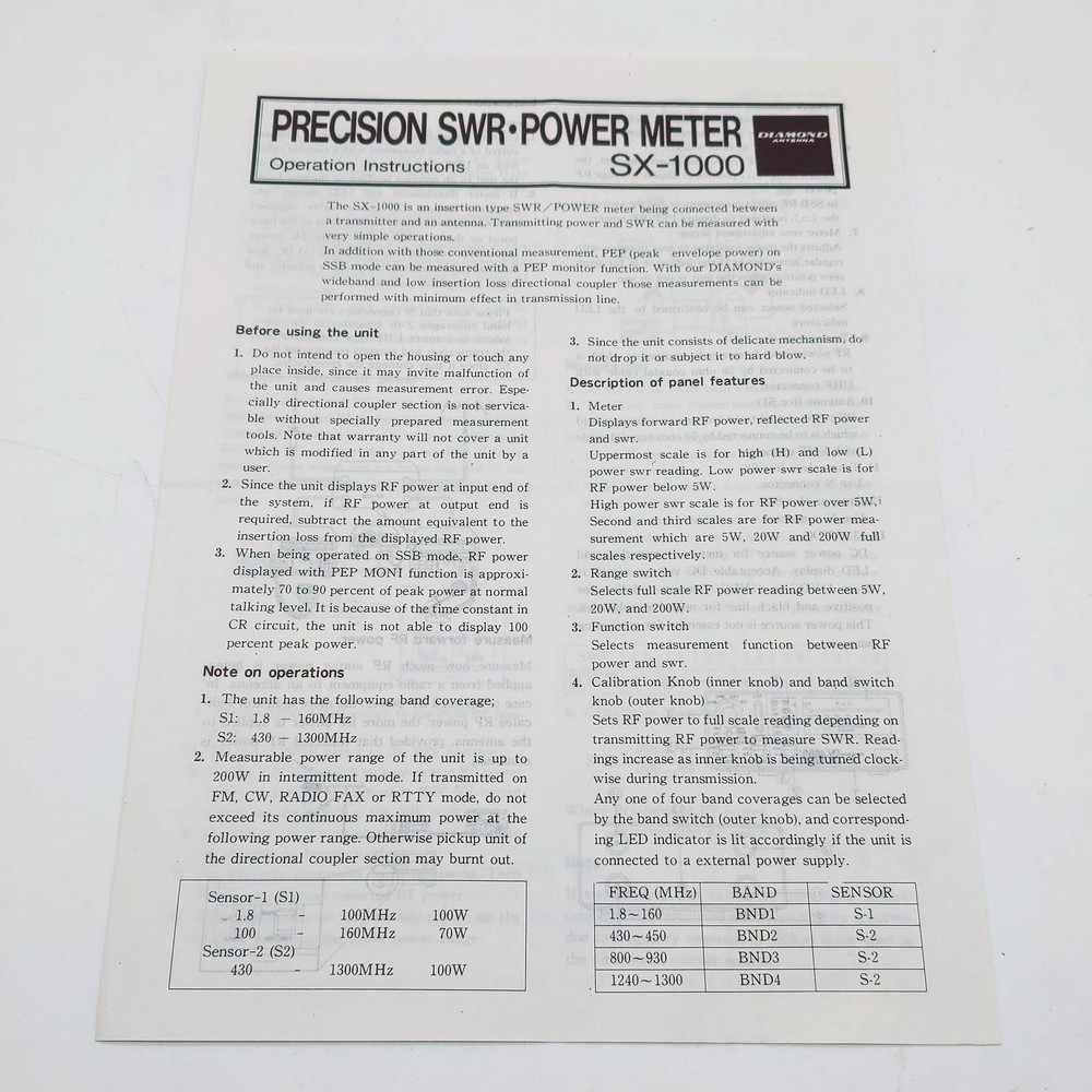Diamond SX-1000 Meter Operation Instructions