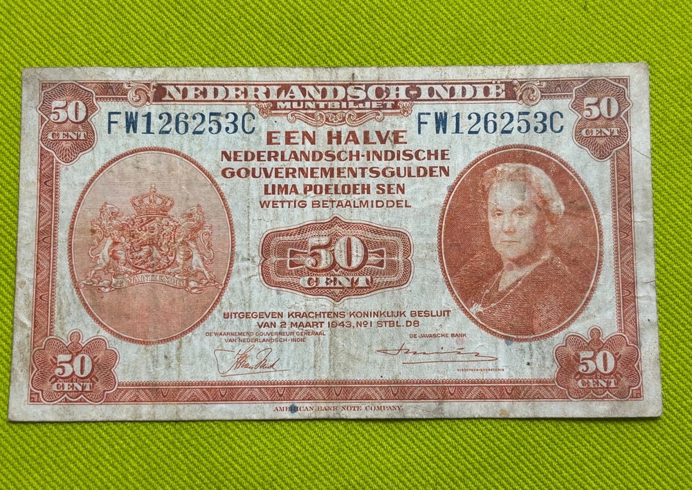 1943 Netherlands- Indie 50Cents Gulden Note 1943