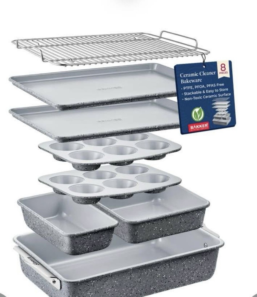 Bakken 8-Piece Gray Ceramic Stackable Non-Stick Oven Safe Bakeware Set