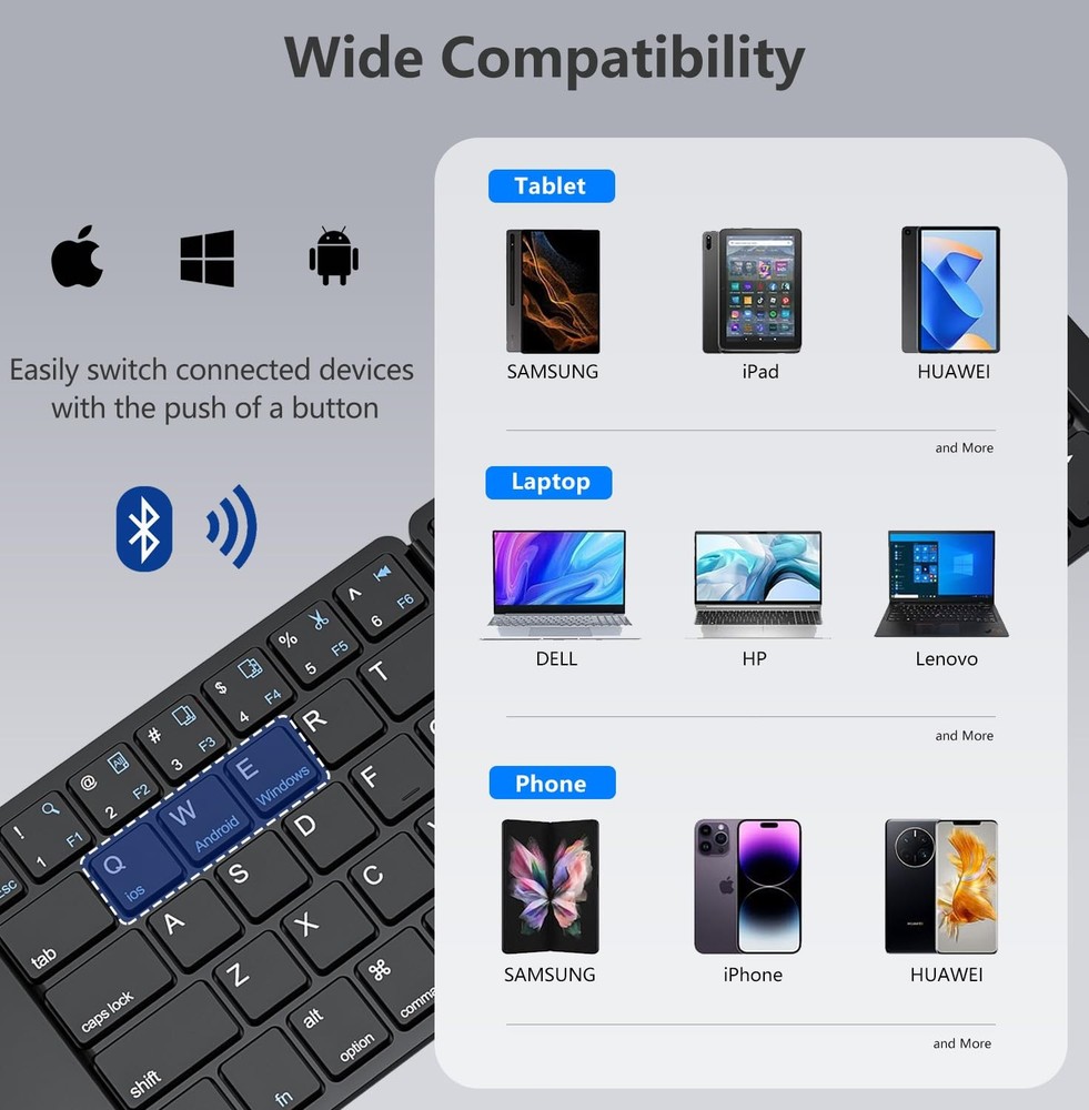 Foldable Bluetooth Keyboard Rechargeable Full Size Ultra Slim Storage Bag