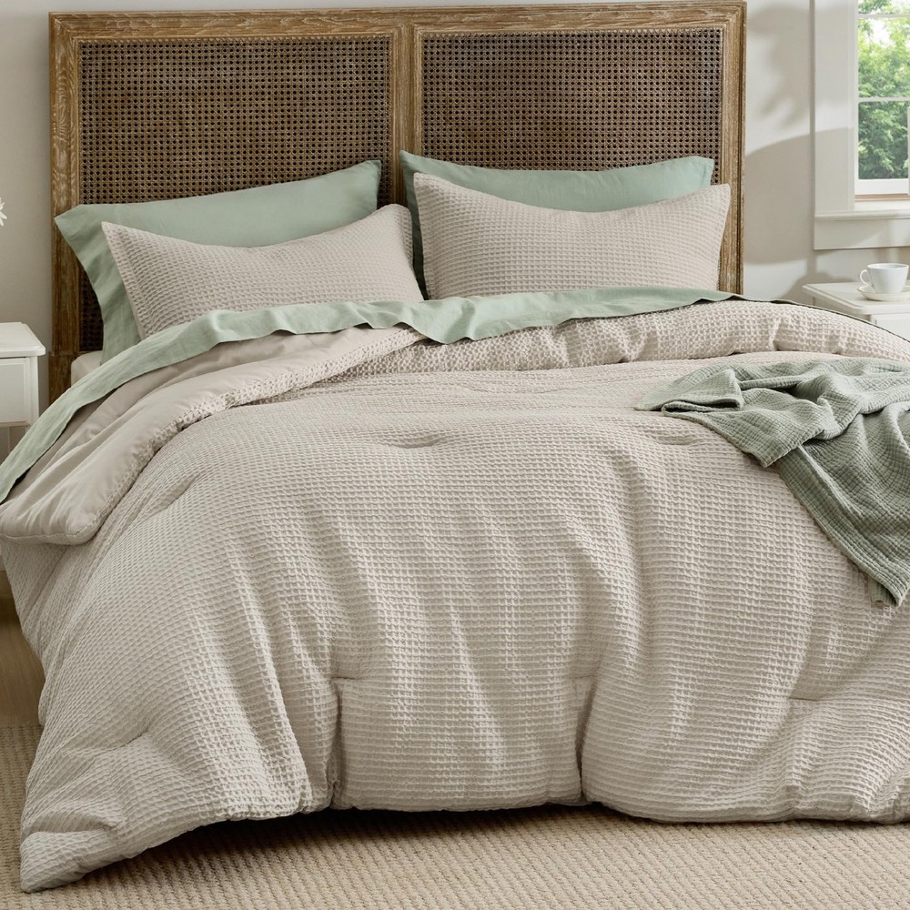 Bedsure Waffle Comforter Set Queen, Linen Soft Bedding, Waffle Weave Bed Set,...