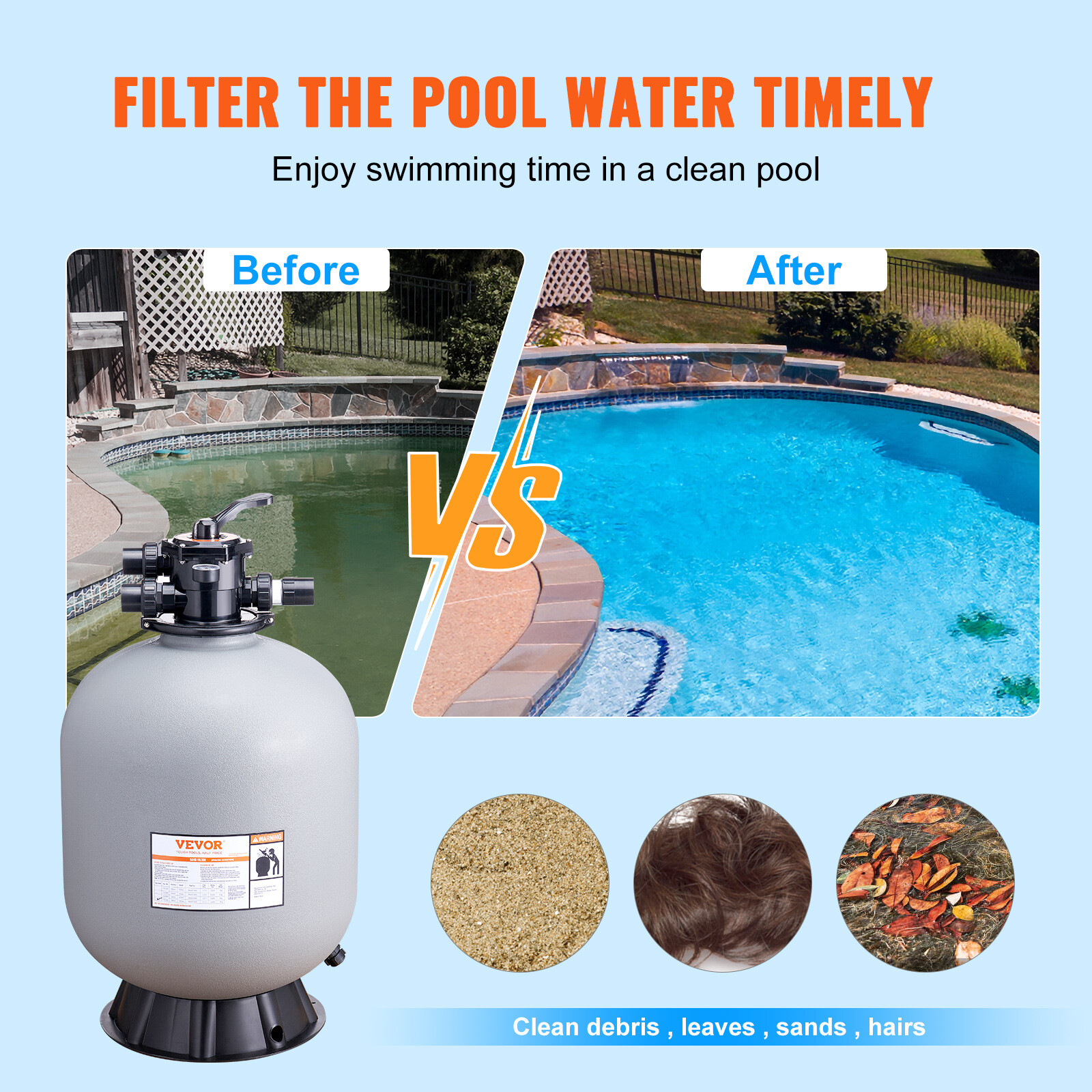 VEVOR Sand Filter 24" Above Inground Swimming Pool Sand Filter with 7-Way Valve