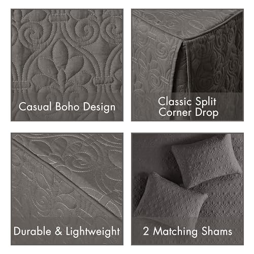 Quebec Split Corner Quilted Bedspread Classic King Dark Grey Fitted Bedspread
