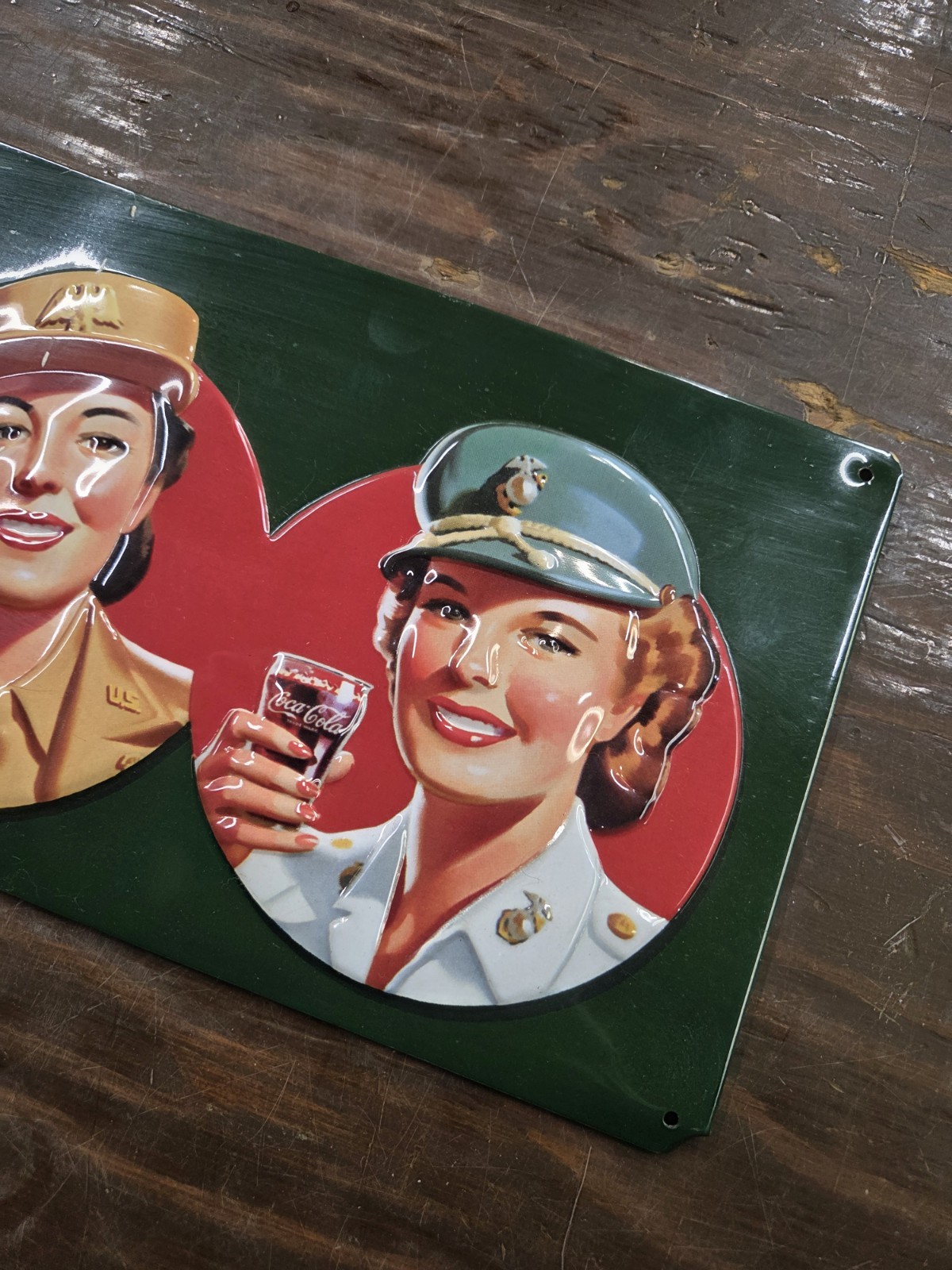 Coca-Cola Military Beauties Andy Rooney 3D Embossed Tin Sign Dark Green EUC