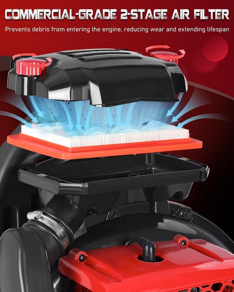 Fast Lawn Cleanup with 63CC Backpack Leaf Blower: 205 MPH, Variable Control, Red